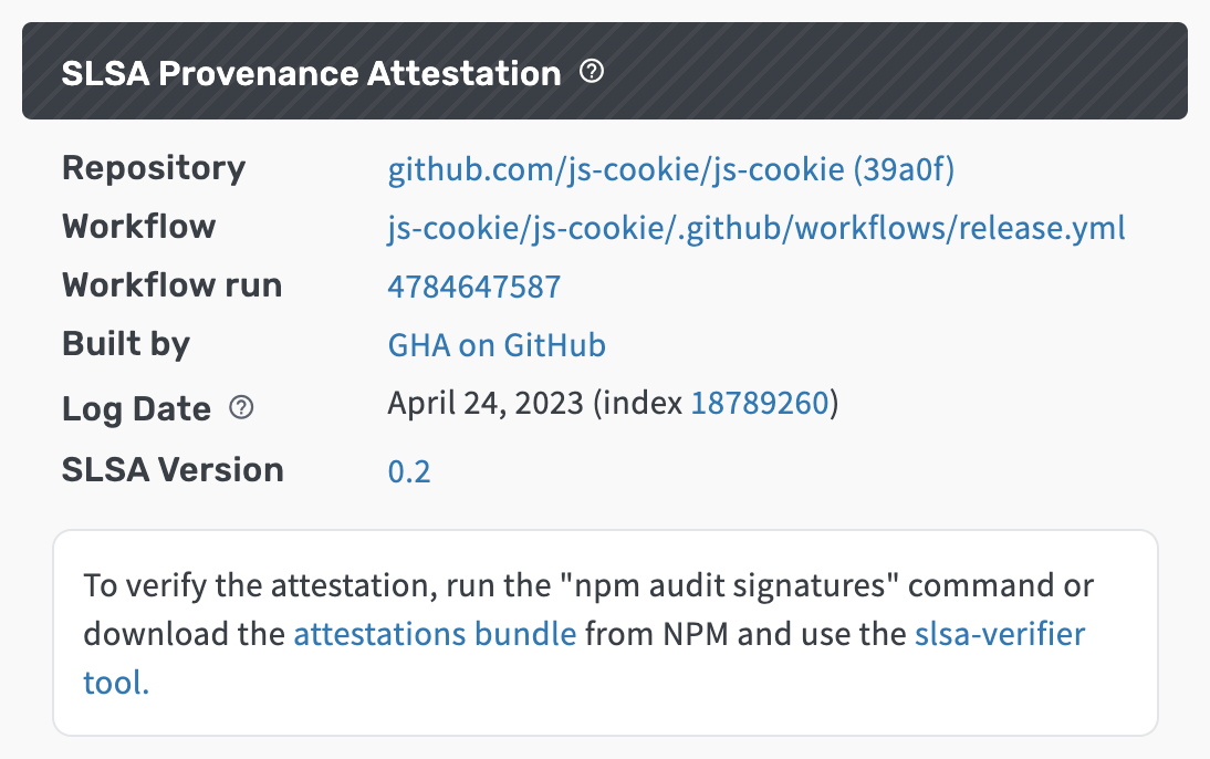 Screenshot of deps.dev provenance UI for the npm js-cookie package